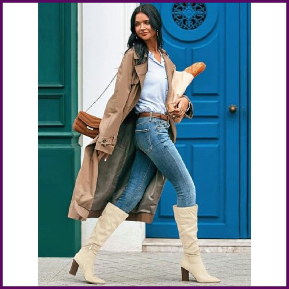 Women's Faux Suede Knee High Boots Pointed Toe Chunky Heel Side Zipper - Picture 3 of 8